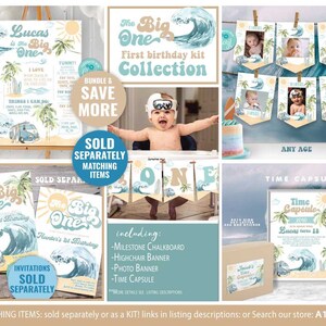 May include: A blue and white illustrated birthday party kit with a surfboard, palm trees, and a van. The kit includes a milestone chalkboard, highchair banner, photo banner, and a time capsule. The text "The Big One" is featured on the items.