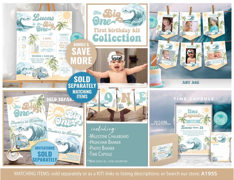 May include: A blue and white illustrated birthday party kit with a surfboard, palm trees, and a van. The kit includes a milestone chalkboard, highchair banner, photo banner, and a time capsule. The text "The Big One" is featured on the items.