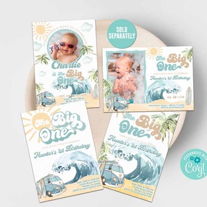 May include: Four blue and white invitation cards with a beach theme. The cards feature a retro-style font that says "The Big One" and a cartoon image of a van with a surfboard. The cards are decorated with palm trees, a sun, and a wave.