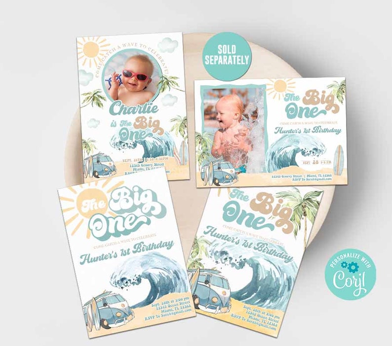 May include: Four blue and white invitation cards with a beach theme. The cards feature a retro-style font that says "The Big One" and a cartoon image of a van with a surfboard. The cards are decorated with palm trees, a sun, and a wave.