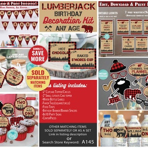 May include: A printable Lumberjack birthday party decoration kit with red and black buffalo plaid patterns. The kit includes banners, cupcake toppers, water bottle labels, party signs, and photo booth props. The kit is available in editable and pre-written formats.  Search Store Keyword: A145
