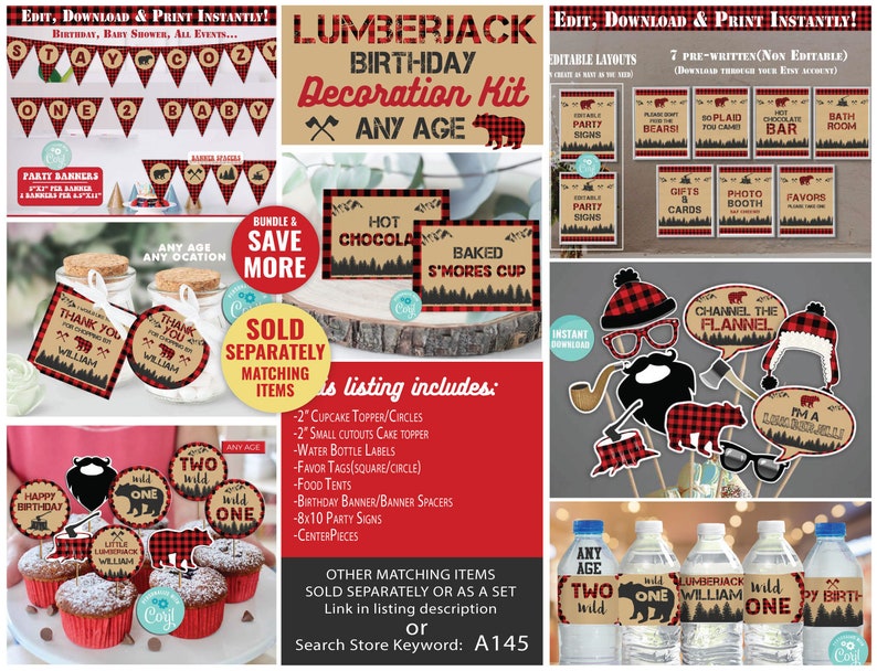 May include: A printable Lumberjack birthday party decoration kit with red and black buffalo plaid patterns. The kit includes banners, cupcake toppers, water bottle labels, party signs, and photo booth props. The kit is available in editable and pre-written formats.  Search Store Keyword: A145