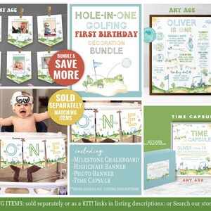 May include: A set of printable decorations for a first birthday party with a golf theme. The set includes a banner, a highchair banner, a milestone chalkboard, a photo banner, and a time capsule. The decorations feature a green and white colour scheme with golf carts and golf balls.
