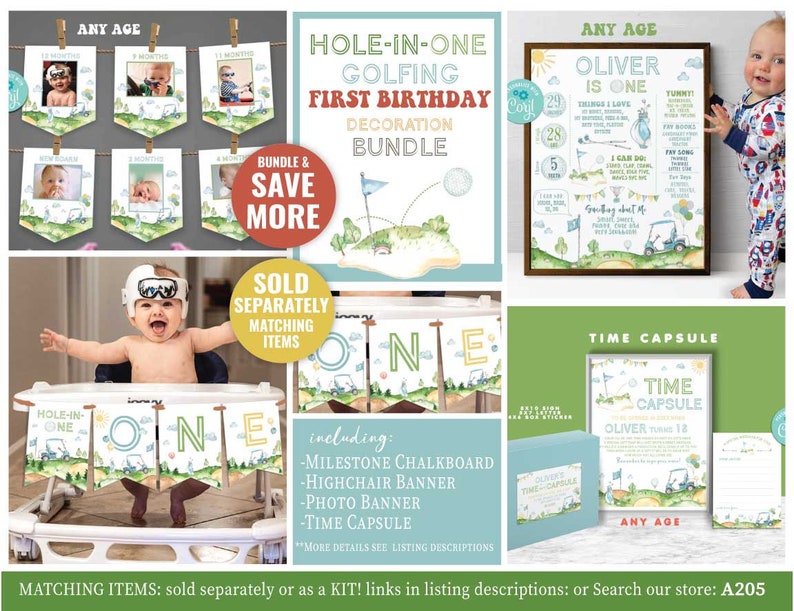 May include: A set of printable decorations for a first birthday party with a golf theme. The set includes a banner, a highchair banner, a milestone chalkboard, a photo banner, and a time capsule. The decorations feature a green and white colour scheme with golf carts and golf balls.