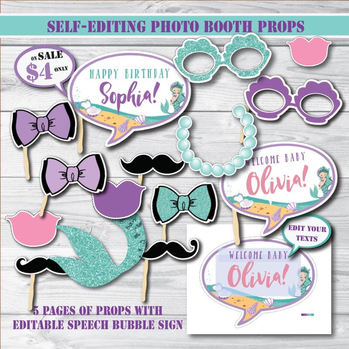 Printable-mermaid Party Photo Booth Propsone Self-editing | Etsy