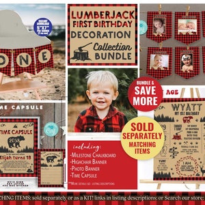 May include: A Lumberjack themed first birthday party decoration bundle. The bundle includes a highchair banner, a photo banner, a milestone chalkboard, and a time capsule. The decorations are in red and black buffalo plaid with a brown woodgrain background. The text "Lumberjack First Birthday Decoration Collection Bundle" is at the top of the image. The text "Bundle & Save More" is in a circle at the top right of the image. The text "Sold Separately Matching Items" is in a rectangle at the bottom right of the image.
