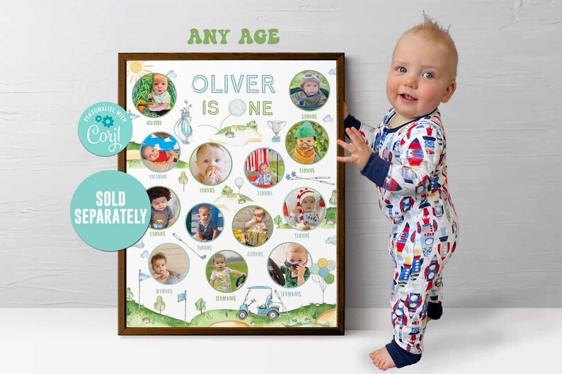 May include: A white poster with a green, brown, and blue golf course theme. The poster says "Oliver is one" and has 16 photo spaces for pictures of a baby. The poster is framed in a brown frame.