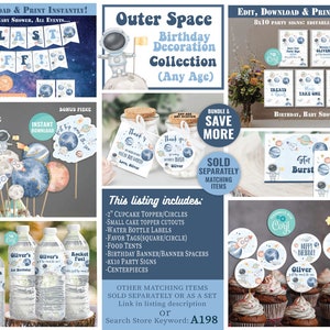K&ouml;nnte beinhalten: Weltraum-Motto-Geburtstagsdekorationen. Das druckbare Set beinhaltet Cupcake-Topper, Wasserflaschenetiketten, Geschenkanh&auml;nger, ein Banner und 8x10 Zoll Partyschilder. Das Design zeigt einen Aquarell-Astronauten, Planeten, Sterne und Raketen in Blaut&ouml;nen, Grau und Wei&szlig;.