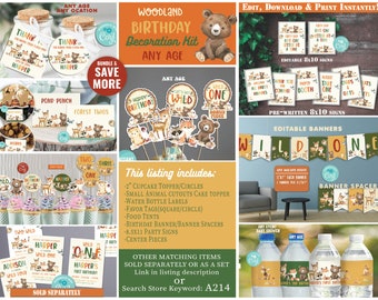 Woodland Birthday Deocration Bundle-Self-Edit w Corjl-Woodland Party Decors-Boy-Woodland Forest-Animals-Wild One-First Birthday-Any Age-A214