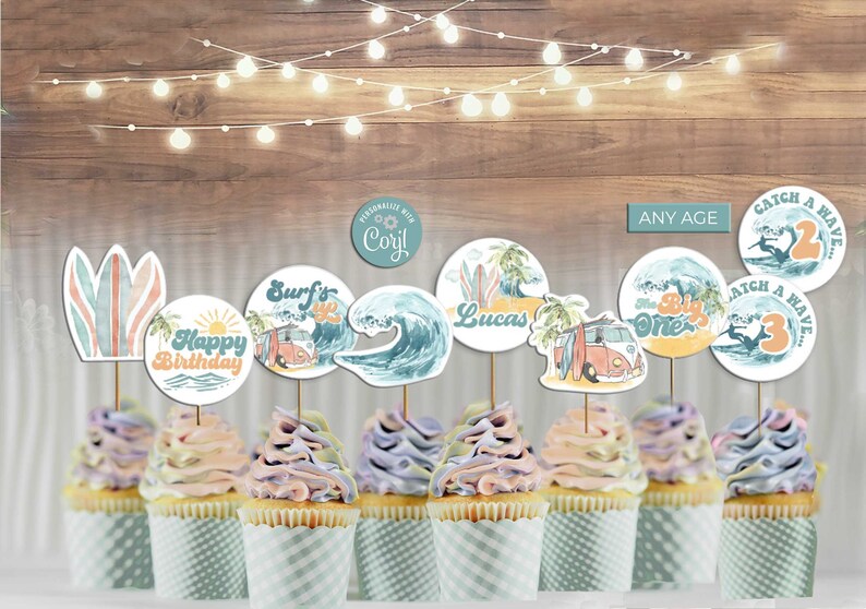 May include: A set of 10 cupcake toppers featuring a beach theme with surfboards, waves, palm trees, and a vintage van. The toppers are personalized with the name "Lucas" and the text "Surf's Up" and "Catch a Wave".