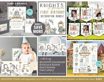 Knight First Birthday Decoration Bundle-Self Edit Corjl-Milestone-Photo Highchair Banner-Time Capsule-Knights Dragons-Medieval-Royal-A202