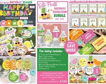 May include: A Tutti Frutti themed birthday party decoration bundle with a pink and green color scheme. The bundle includes cupcake toppers, water bottle labels, favor tags, food tents, a birthday banner, party signs, and centerpieces. The image also includes the text "This listing includes:" and a list of the items included in the bundle.