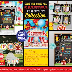 Carnival First Birthday Decoration Kit-SelfEdit w Corjl-Circus Party-Milestone Chalkboard-Time Capsule-Photo Banner-Highchair Banner-A116-C1