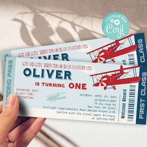 Vintage Airplane Birthday Invitation-Self Edit Corjl-Airplane Party Invite-Airplane Birthday Invite-First Birthday-AnyAge-Ticket-A105