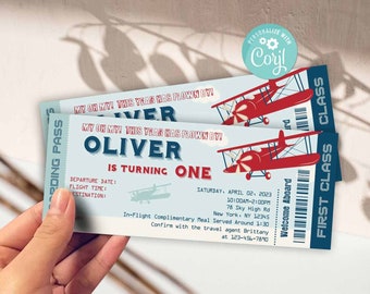 Invitación de cumpleaños de avión vintage (Autoedición Corjl) - Invitación para fiesta de avión - Invitación de cumpleaños de avión - Primer cumpleaños - Cualquier edad - Boleto - A105