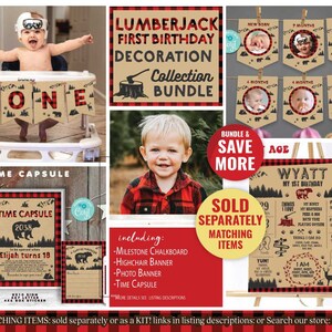 May include: A Lumberjack First Birthday party decoration bundle with a red and black buffalo plaid pattern. The bundle includes a milestone chalkboard, highchair banner, photo banner, and time capsule. The text "Lumberjack First Birthday Decoration Collection Bundle" is printed on the top of the image.