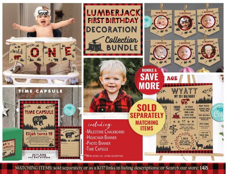May include: A Lumberjack First Birthday party decoration bundle with a red and black buffalo plaid pattern. The bundle includes a milestone chalkboard, highchair banner, photo banner, and time capsule. The text "Lumberjack First Birthday Decoration Collection Bundle" is printed on the top of the image.