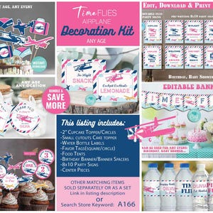 Vintage Airplane Birthday Decoration Bundle-Corjl-Time flies-Airplane Party-Decorations-Centerpiece-cupcake-favor-First Birthday-AnyAge-A166