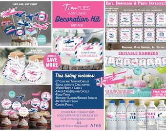 Vintage Airplane Birthday Decoration Bundle-Corjl-Time flies-Airplane Party-Decorations-Centerpiece-cupcake-favor-First Birthday-AnyAge-A166