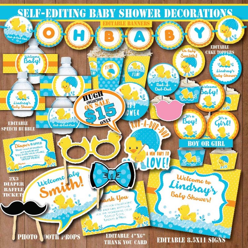 Self Editing Rubber Duck Baby Shower Decoration Printable Rubber Ducky Baby Shower Decors Yellow Duck Party Splish Splash Party B408 B