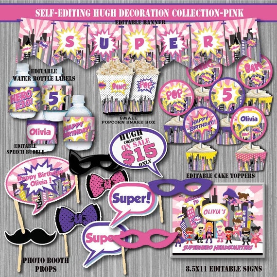 Self Editing Superhero Birthday Decoration Kit Printable Girl Etsy