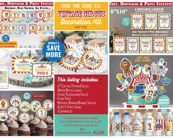 May include: Printable vintage circus party decorations in red, yellow, blue, and green. The set includes cupcake toppers, water bottle labels, favor tags, food tents, banners, party signs, and centerpieces. The text on the image reads "Come one come all Vintage Circus Decoration Kit Any Age".
