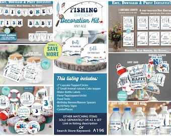 Fishing Birthday Decoration Kit-Cupcake-Sign-Banner-Favor Tag-Tents-Centerpiece-Corjl-Fishing Party-Big One-Fish-First Birthday-AnyAge-A196