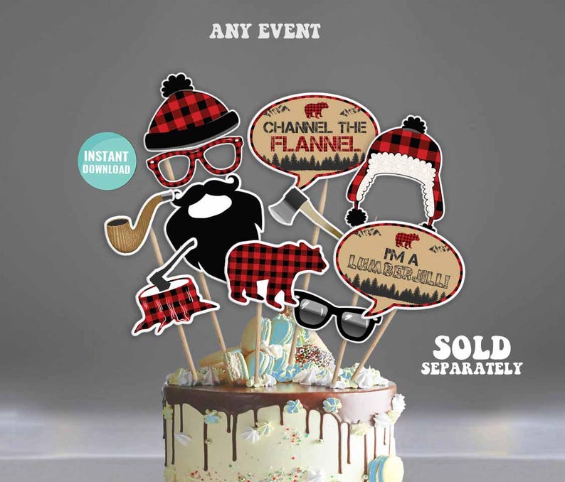 May include: A set of 7 printable photo booth props with a lumberjack theme. The props include a beard, a hat, a pair of glasses, a pipe, a tree stump, a bear, and a speech bubble that says "I'm a Lumber Jill!" The props are printed on white cardstock and are ready to be cut out and used.
