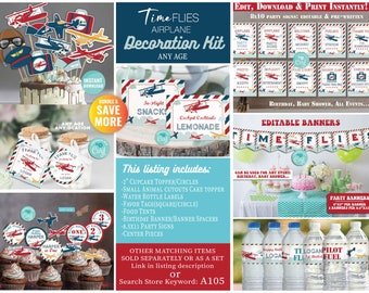 May include: Printable airplane party decoration kit with editable banners, signs, and labels. Includes cupcake toppers, water bottle labels, favour tags, food tents, and centrepieces.  The theme is "Time Flies" with blue, red, and white colours.