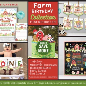 Kit de decoração de primeiro aniversário da fazenda - Corjl - Cartaz de marco - Cápsula do tempo - Cadeira alta - Faixa de fotos - Festa no celeiro - Animal da fazenda - Primeiro aniversário - 235
