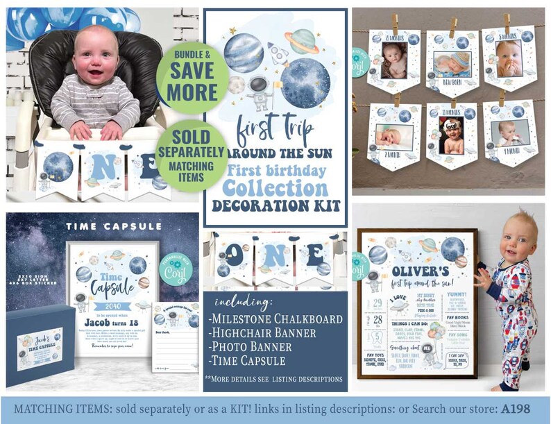 K&ouml;nnte beinhalten: Ein blaues und wei&szlig;es Dekorationsset f&uuml;r eine erste Geburtstagsparty mit Weltraumthema. Das Set beinhaltet ein Banner, ein Hochstuhlbanner, eine Meilenstein-Tafel, ein Fotobanner und eine Zeitkapsel. Das Set ist mit Planeten, Sternen und Raketen verziert.
