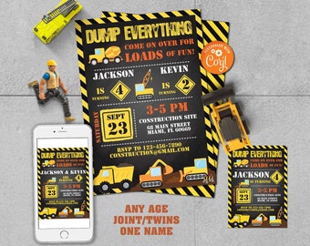 Construction Birthday Invitation-Joint-sibling Party-Self-Edit w Corjl-Construction Party Invite-Dump Truck-Twins-First Birthday-AnyAge-A103