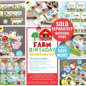 Peut inclure: Kit de d&eacute;coration pour f&ecirc;te d'anniversaire sur le th&egrave;me de la ferme avec des couleurs rouge, blanc et bleu. Le kit comprend une banni&egrave;re, des d&eacute;corations de cupcakes, des &eacute;tiquettes pour bouteilles d'eau, des &eacute;tiquettes de faveur, des tentes alimentaires, des pancartes de f&ecirc;te et des pi&egrave;ces centrales. Le kit est vendu s&eacute;par&eacute;ment ou en ensemble. Recherchez le mot-cl&eacute; du magasin&nbsp;: 111.