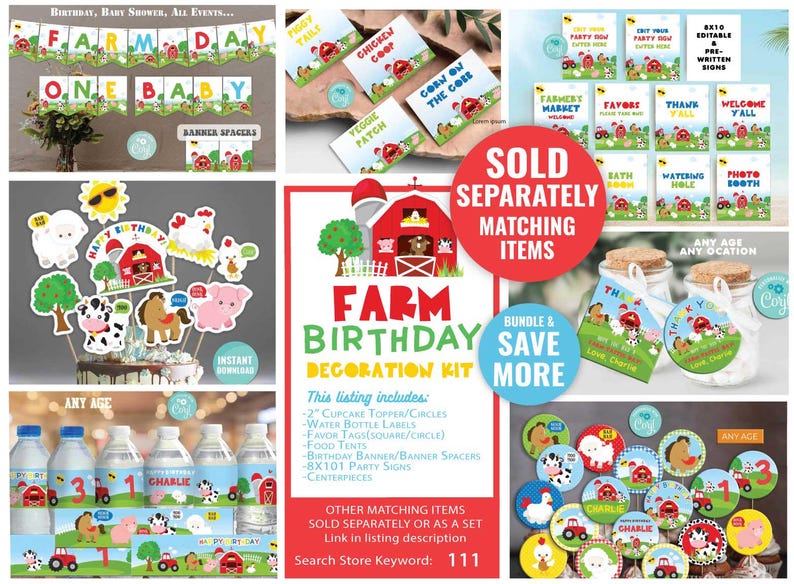 Peut inclure: Kit de d&eacute;coration pour f&ecirc;te d'anniversaire sur le th&egrave;me de la ferme avec des couleurs rouge, blanc et bleu. Le kit comprend une banni&egrave;re, des d&eacute;corations de cupcakes, des &eacute;tiquettes pour bouteilles d'eau, des &eacute;tiquettes de faveur, des tentes alimentaires, des pancartes de f&ecirc;te et des pi&egrave;ces centrales. Le kit est vendu s&eacute;par&eacute;ment ou en ensemble. Recherchez le mot-cl&eacute; du magasin&nbsp;: 111.