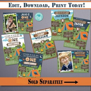 May include: Set of six printable invitations for a first birthday party with a camping theme. The invitations feature a blue and green background with a tent, campfire, and other camping-related imagery. The text on the invitations reads "Camp [Name]" and "[Name] is One Happy Camper".
