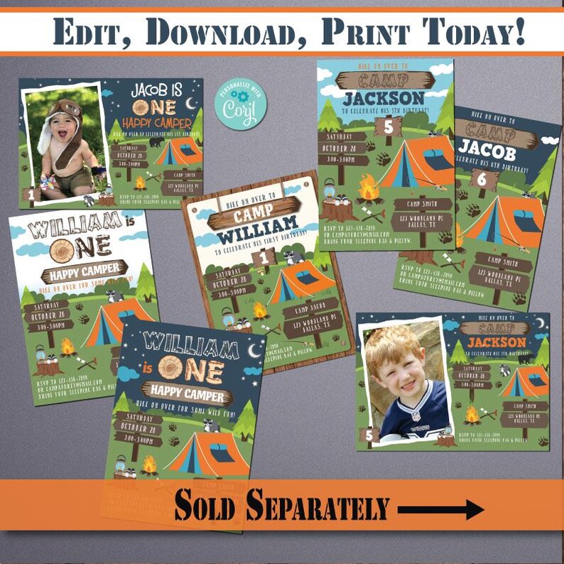 May include: Set of six printable invitations for a first birthday party with a camping theme. The invitations feature a blue and green background with a tent, campfire, and other camping-related imagery. The text on the invitations reads "Camp [Name]" and "[Name] is One Happy Camper".