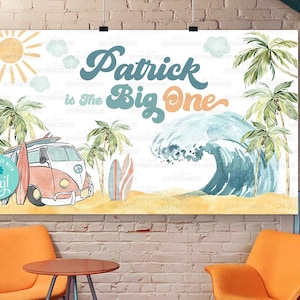Sfondo stampabile per la festa di surf BIG ONE - Modifica autonoma Corjl - Compleanno di surf Big One - Decorazione per tavolo da dessert - SOLO per il primo compleanno - A195