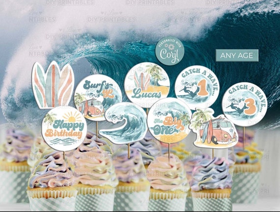 The Big ONE Surfing Birthday Cupcake Toppers-Corjl Editable-First Birthday-Any Age-A195