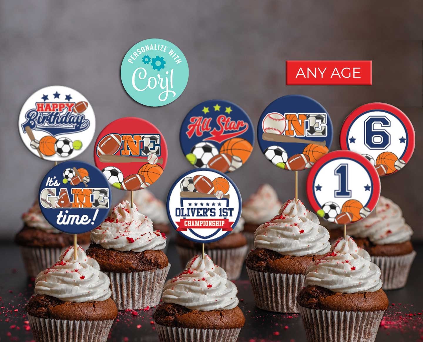 All Star Birthday Cupcake Toppers-edit W Corjl-sports Party Cake ...