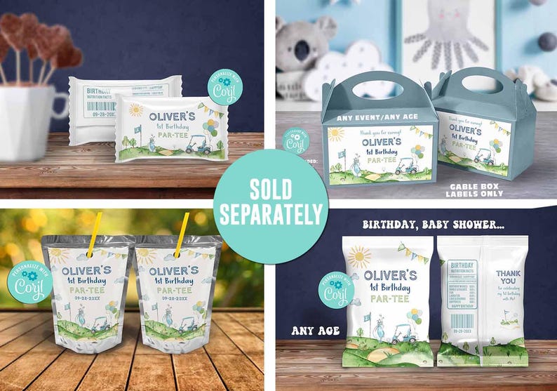 May include: Printable party favour labels for a golf-themed first birthday party. The labels feature a green golf course with a golf cart, a sun, and the text "Oliver's 1st Birthday Par-Tee". The labels are available in various sizes for different types of party favours, including juice boxes, snack bags, and gable boxes.