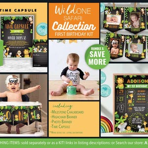 Kit de decoração de primeiro aniversário Safari - Autoedição com Corjl - Pôster de marco - Cápsula do tempo - Cadeira alta - Foto - Faixa - Festa Safari - Primeiro aniversário - A147