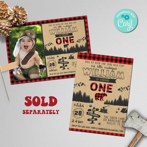 May include: A red and black plaid invitation with a brown background. The invitation is for a first birthday party for a boy named William. The invitation has a picture of a baby boy wearing a pilot's hat and goggles. The text on the invitation says "Bike on over for some wild fun! Our little lumberjack William is turning one." The invitation also includes a date, time, and location for the party.
