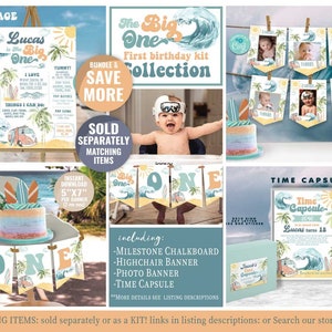 May include: A first birthday party kit with a beach theme. The kit includes a milestone chalkboard, highchair banner, photo banner, and a time capsule. The kit is decorated with a blue and white color scheme and features a surfboard, palm trees, and a van.