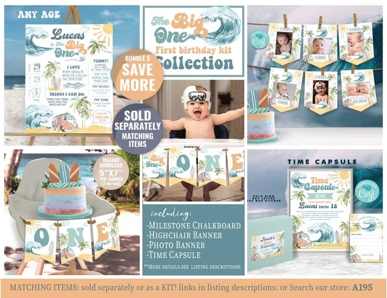 May include: A first birthday party kit with a beach theme. The kit includes a milestone chalkboard, highchair banner, photo banner, and a time capsule. The kit is decorated with a blue and white color scheme and features a surfboard, palm trees, and a van.