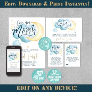 Ensemble d'invitations pour une baby shower « Je t'aime jusqu'à la lune et au dos », tombola carte de remerciements pour les couches, livres pour bébé Édition avec téléphone Corjl, tablette et ordinateur-434-C