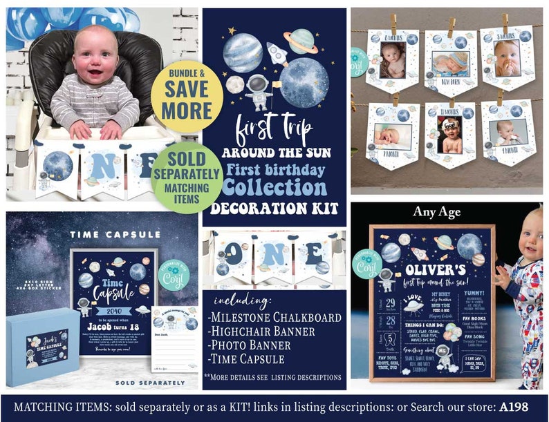 K&ouml;nnte beinhalten: Ein blaues und wei&szlig;es Dekorationsset f&uuml;r eine erste Geburtstagsfeier mit Weltraumthema. Das Set beinhaltet eine Meilenstein-Tafel, ein Hochstuhlbanner, ein Fotobanner und eine Zeitkapsel. Die Dekorationen zeigen Planeten, Sterne, Raketen und Astronauten.