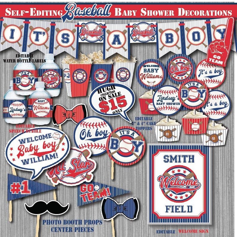 Self Editing Baseball Baby Shower Decorations All Star Decors Boy Sports Vintage B424 K