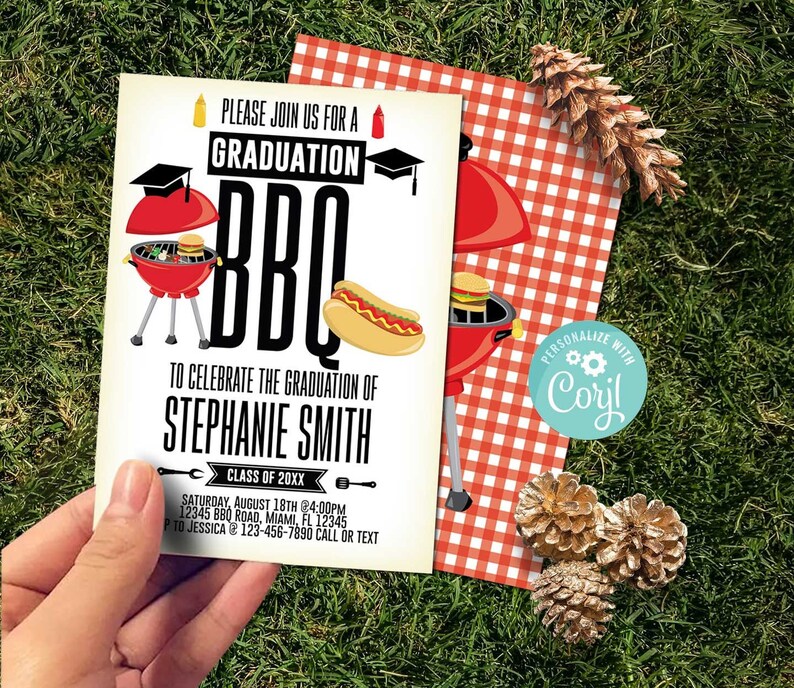 Graduation BBQ Party Invitation, Backyard Pool Party (Editable Digital Download)-C607 image 1