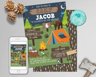Camping Birthday Invitation-Self-Edit w Corjl-Camp Out-One Happy Camper-Camping Party Invite-Bonfire-Campfire-First Birthday-Any Age-A129B