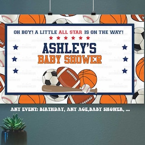 Digital All Star Sport Baby shower Backdrop-Edit Corjl-Party Table Banner-Football-Baseball-Basketball-Soccer-First Birthday-AnyAge-B423-136